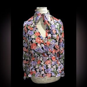 Floral Tie-Neck Wrap Blouse - Black with Coral & Lavender Flowers
